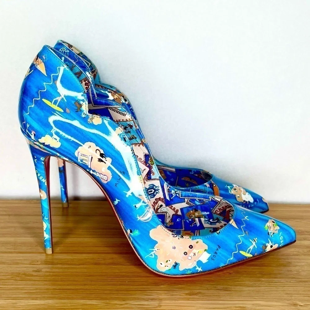 Christian Louboutin “Hot chick” swim pool, Blue Multi graphic. 100mm EU38.5 - Picture 8 of 13